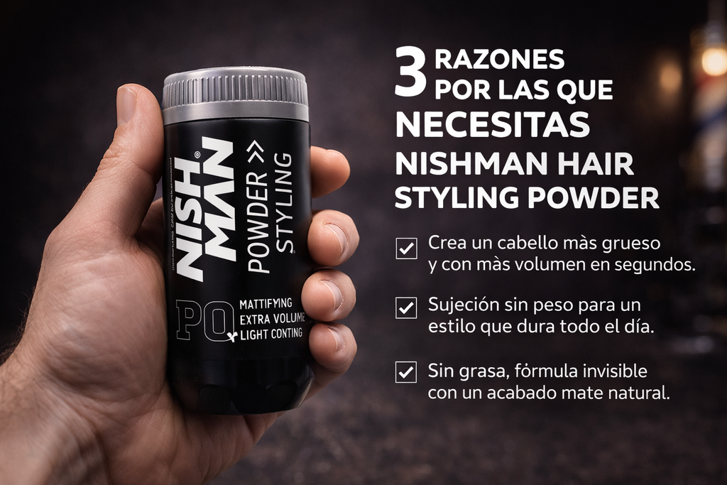 Polvo Texturizante Nish Man PO – Volumen Extra y Acabado Mate / Polvo de Peinado para Hombres 20 ml | Polvo de Textura  | Fijación 24 h | Aporta Volumen y Cuerpo | Ligero | No Pegajoso | Sin Brillo