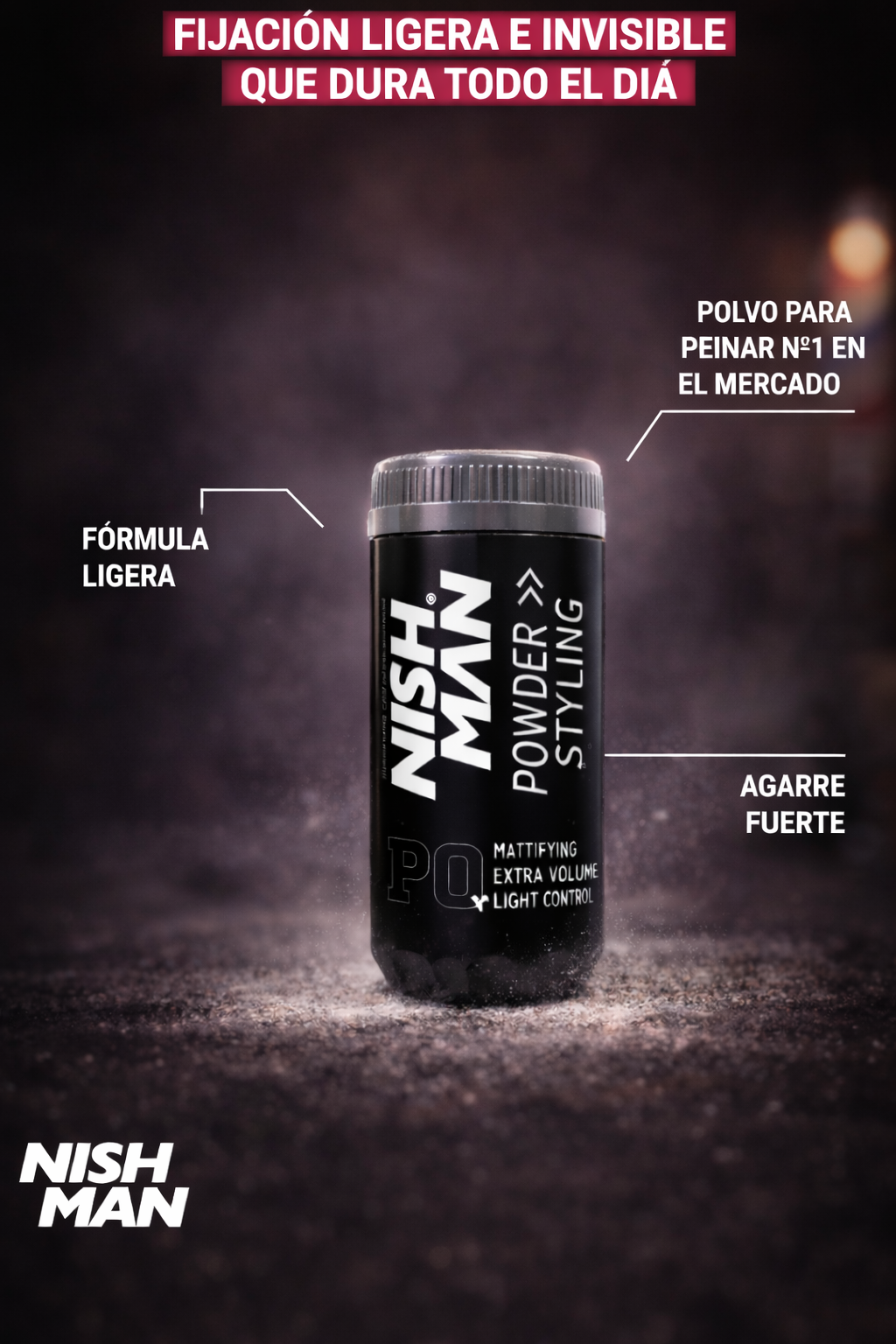 Polvo Texturizante Nish Man PO – Volumen Extra y Acabado Mate / Polvo de Peinado para Hombres 20 ml | Polvo de Textura  | Fijación 24 h | Aporta Volumen y Cuerpo | Ligero | No Pegajoso | Sin Brillo