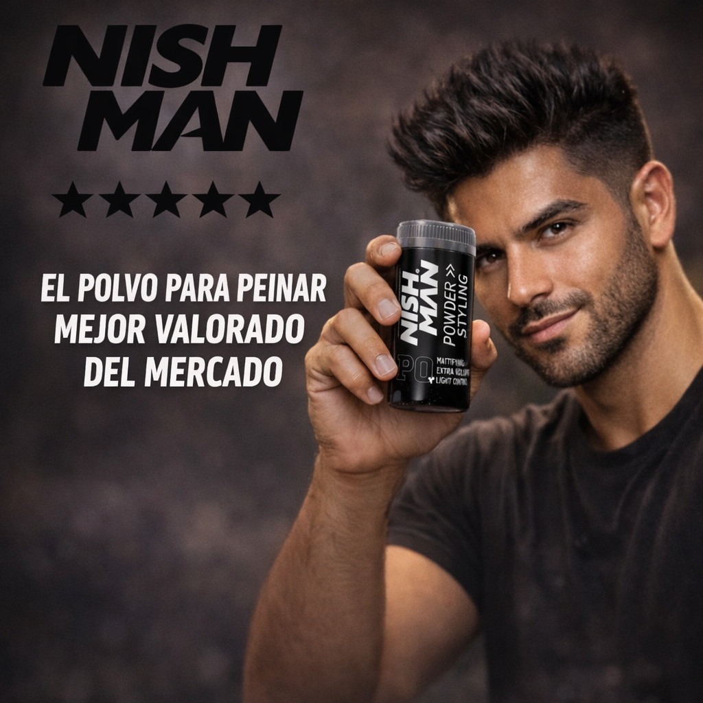 Polvo Texturizante Nish Man PO – Volumen Extra y Acabado Mate / Polvo de Peinado para Hombres 20 ml | Polvo de Textura  | Fijación 24 h | Aporta Volumen y Cuerpo | Ligero | No Pegajoso | Sin Brillo
