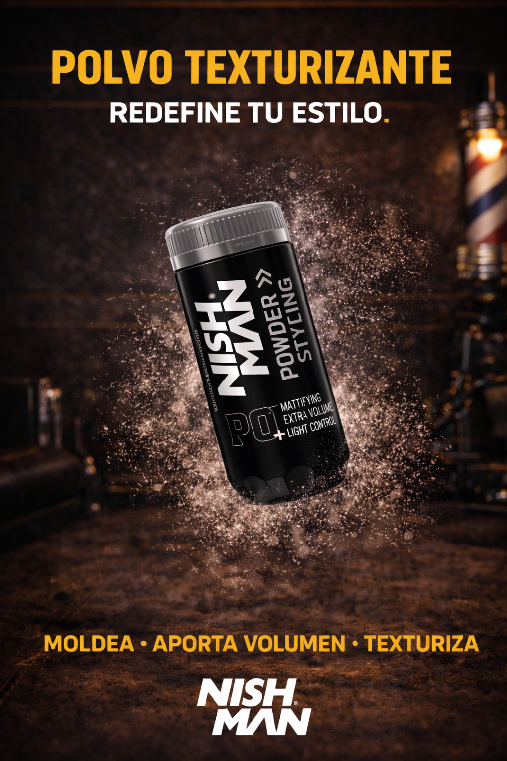 Polvo Texturizante Nish Man PO – Volumen Extra y Acabado Mate / Polvo de Peinado para Hombres 20 ml | Polvo de Textura  | Fijación 24 h | Aporta Volumen y Cuerpo | Ligero | No Pegajoso | Sin Brillo